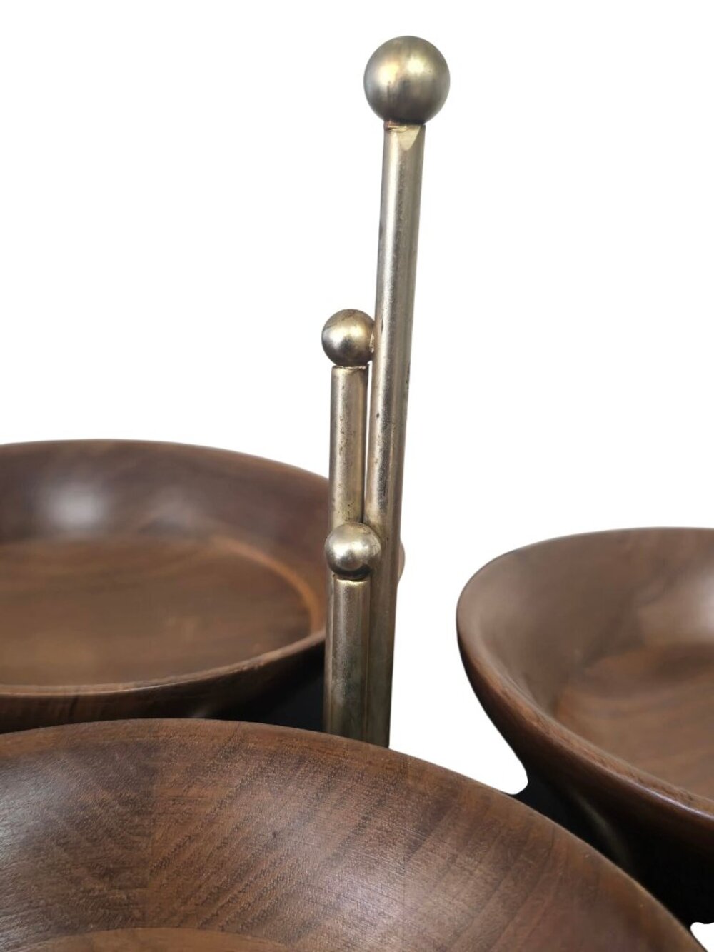 Mid-Century Modern Wood & Brass 3 Serving Snack Dish Nut Bowl - Picture 5 of 10